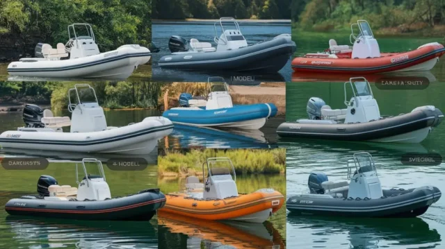 A collage of different 4 man inflatable boats displayed in an outdoor setting, highlighting their features and designs.