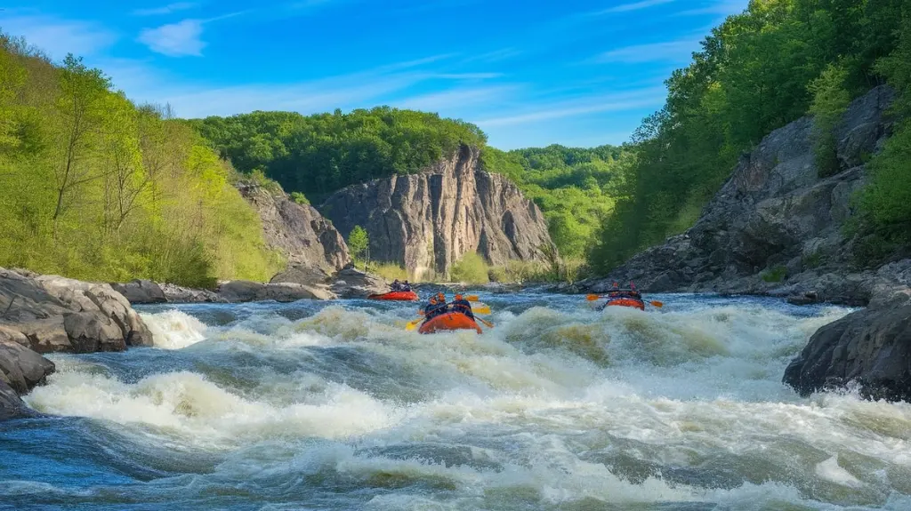 a thrilling white-water rafting scene on the Pocono Mountains, showcasing vibrant rapids, lush green forests, excited rafters navigating the waves, and scenic rocky cliffs under a bright blue sky