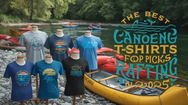 A display of the best canoeing t-shirts for rafting in 2025, with a scenic riverside and canoes in the background.