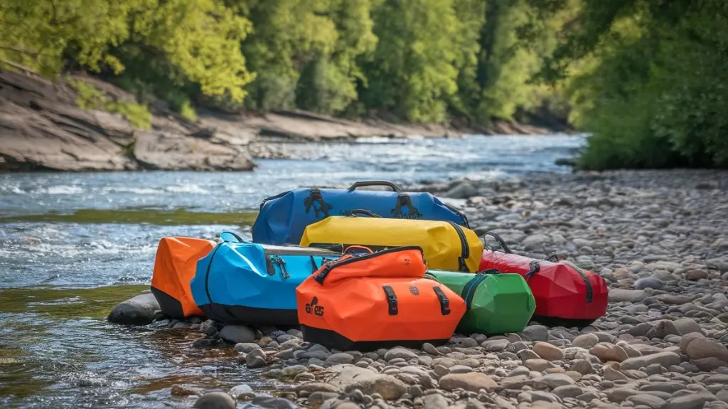 Colorful dry bags displayed on a riverbank, highlighting various styles for rafting adventures.