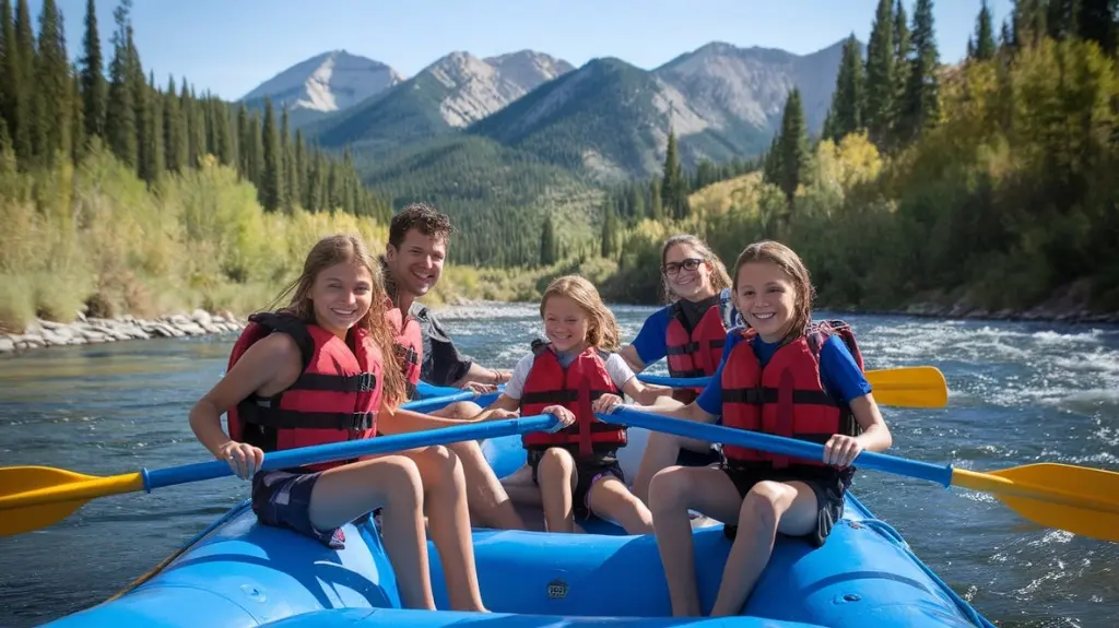 Family rafting on a river in Colorado with mountain and forest scenery, showcasing the best family rafting experiences.