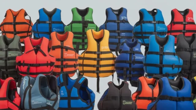 Various rafting PFD models displayed with safety and comfort features for comparison.