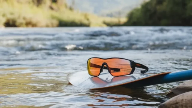 Sporty rafting sunglasses placed on a paddle by the river, symbolizing adventure and protection for rafters.