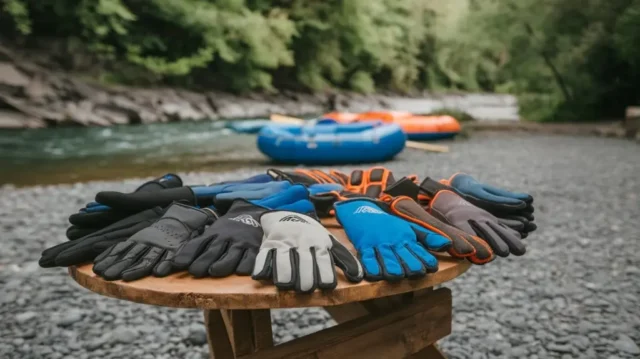 A selection of the best river rafting gloves displayed on a table with a river scene in the background, highlighting their variety and quality.