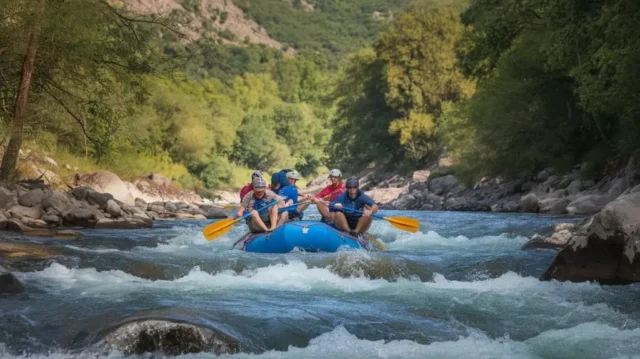 Group of adventurers rafting down a river, wearing comfortable rafting shorts for outdoor adventures.