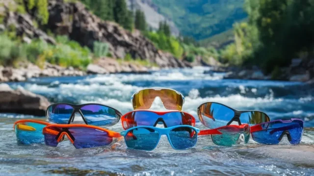 A variety of sunglasses suitable for rafting displayed against a scenic river backdrop, showcasing different styles and colors for outdoor enthusiasts.