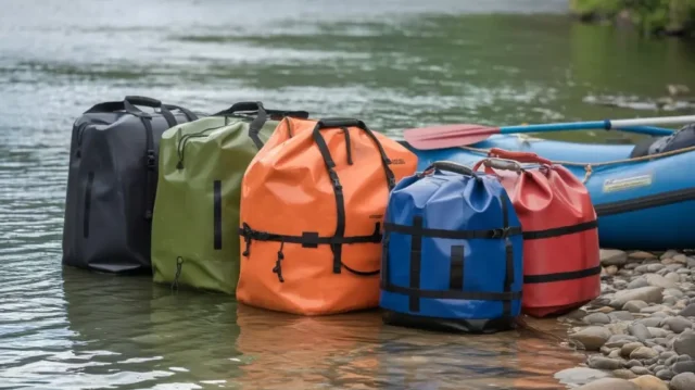 A selection of high-quality waterproof rafting bags of different sizes and colors arranged beside a river, ideal for river adventures.