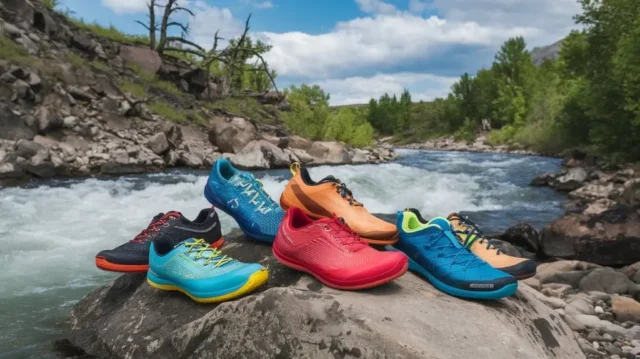 A selection of top-rated women's white water rafting shoes displayed beside a rafting scene, showcasing their functionality.