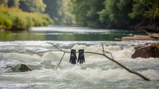 Canoeing gloves showcased against a river background, highlighting their importance in both calm and chaotic waters during rafting.