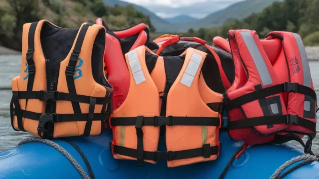 A variety of PFD life jackets for rafting, displayed on a raft with scenic mountains in the background