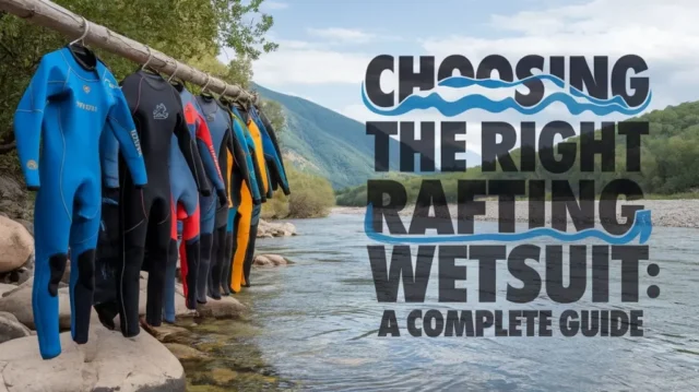 A collection of rafting wetsuits displayed on a riverside with the title "Choosing the Right Rafting Wetsuit: A Complete Guide.