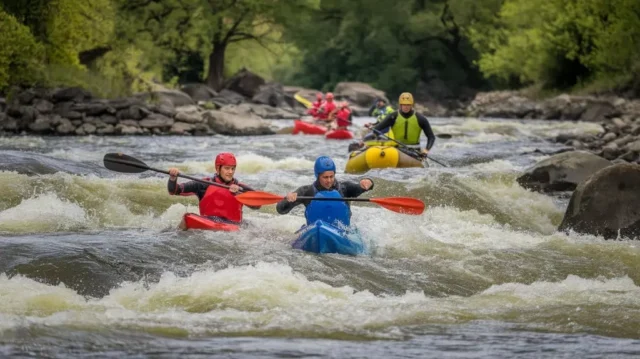 Kayakers and rafters in colorful drysuits navigating whitewater rapids, illustrating essential gear setup for rafting and kayaking.