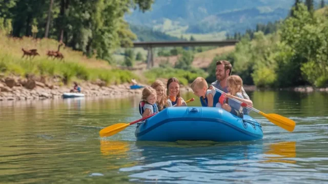 Family enjoying a float trip down a scenic river, surrounded by lush greenery and mountain views.