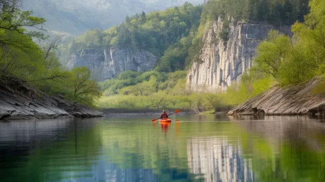 Kayaker paddling on flat water in the scenic New River Gorge, surrounded by lush forest and cliffs.