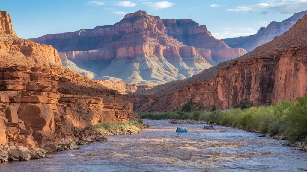 Panoramic view of the Grand Canyon with rafters navigating the Colorado River, illustrating various rafting experiences available.