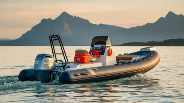 Inflatable boat with motor cruising on a lake, ideal for thrilling trips.