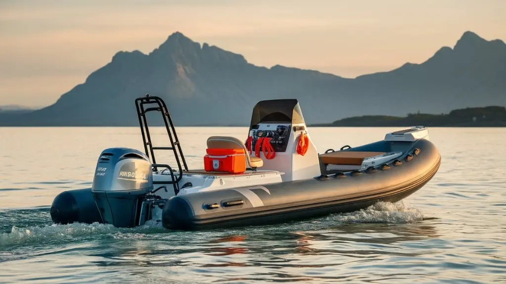 Inflatable boat with motor cruising on a lake, ideal for thrilling trips.