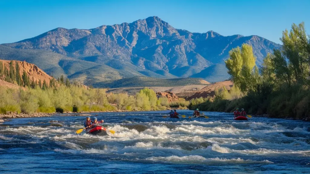 Scenic view of the Snake River in Jackson Hole with rafters navigating exciting rapids amidst stunning mountain landscapes.