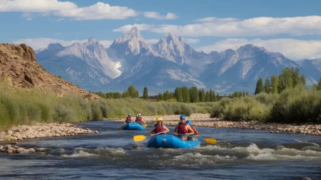 Scenic image of the Snake River in Jackson Hole with rafters enjoying whitewater adventures against the Tetons backdrop.