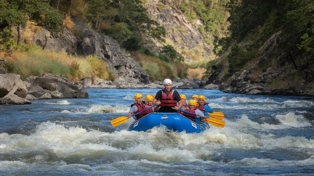 Rafting group on the Kaituna River in New Zealand, surrounded by lush forest and intense rapids, showcasing the thrill of white-water rafting in NZ.