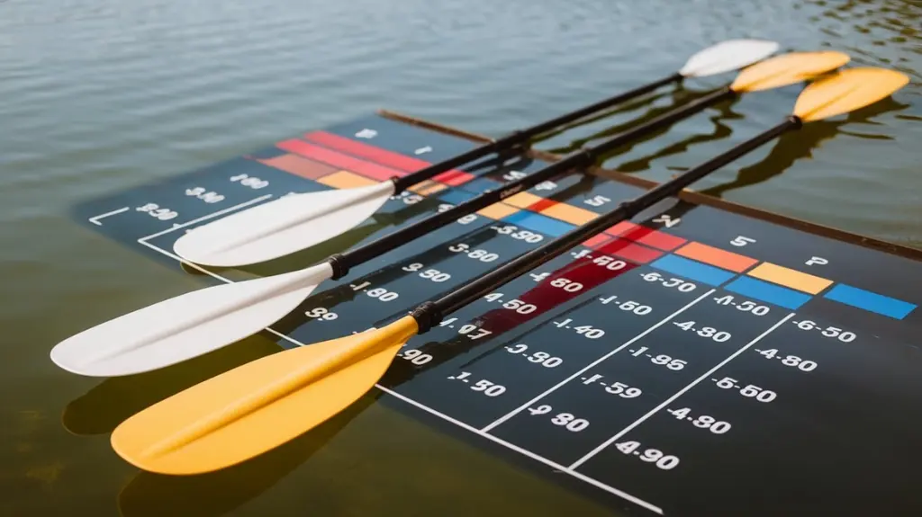 Kayak paddle size chart showing recommended lengths based on user height for optimal performance.