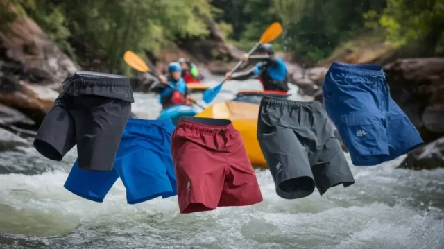 A selection of professional kayaking shorts displayed by a river, emphasizing their importance for successful rafting adventures.