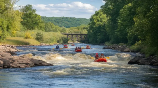 Panoramic view of Ocoee River rafters navigating turbulent rapids