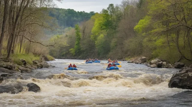 Rafters enjoying an exciting water rafting adventure on the Ocoee River, with scenic forest views, for the ultimate 2025 rafting experience.