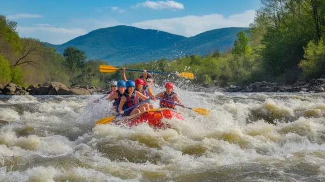 Group of rafters navigating the exciting rapids of Pigeon Forge, surrounded by lush mountains and clear skies.