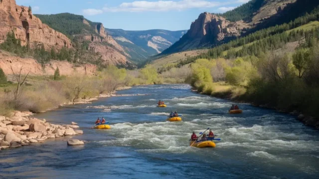 Rafters navigating Colorado’s mighty rivers, showcasing scenic landscapes and thrilling rapids.