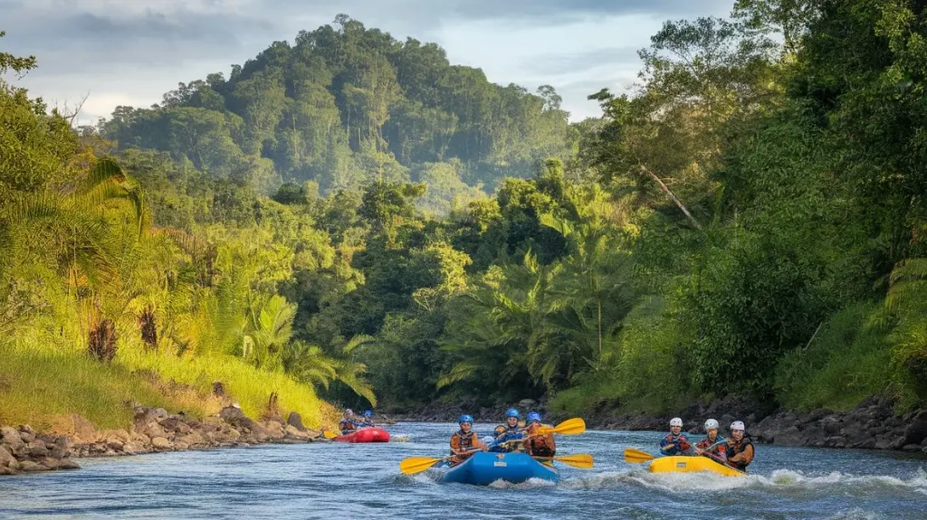 Adventurers enjoying a thrilling rafting experience on the Rio Sarapiqui in Costa Rica, showcasing lush landscapes for 2025.