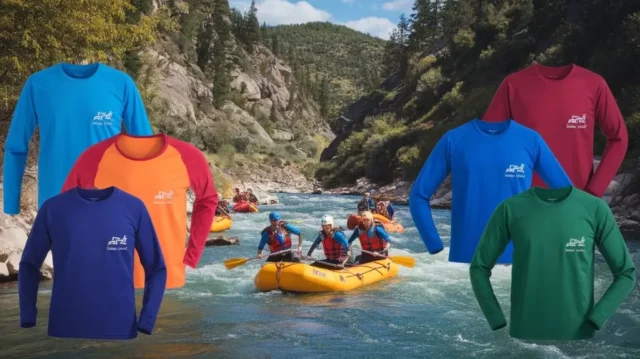 A variety of colorful rafting shirts displayed by a scenic river, showcasing essential features for rafting adventures.