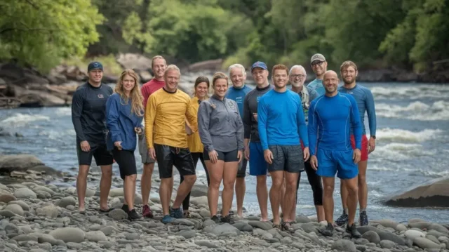 Group of diverse rafters dressed in proper river rafting clothing, showcasing quick-dry shirts and water shoes.