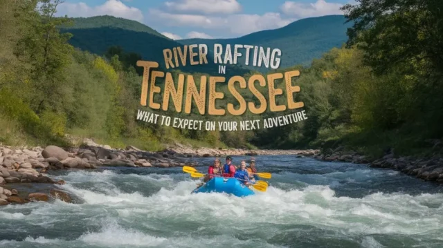 Group of people river rafting down rapids in Tennessee, showcasing the excitement of a rafting adventure