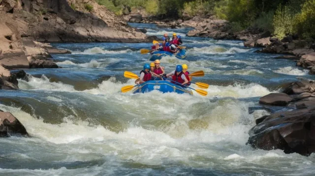 Thrilling whitewater rafting scene with rafters navigating rapids, emphasizing safety gear and adventure.