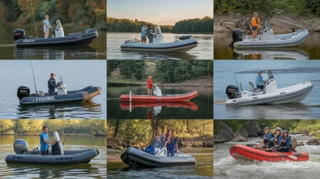 A collage of various inflatable boats and rafts labeled for different water activities, set against a scenic lakeside backdrop.