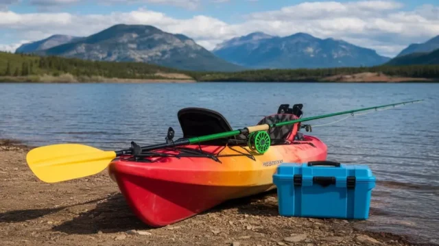 Display of top kayak paddle fishing gear for 2025, including kayaks, paddles, and tackle boxes in a scenic outdoor setting.