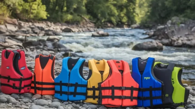 Various colorful rafting life vests displayed on a riverbank, emphasizing ultimate river safety for rafting adventures.