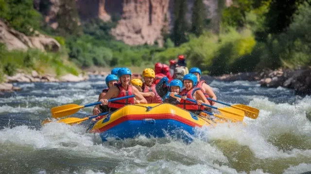 Exciting scene of white water rafting, highlighting river safety and the thrill of rafting adventures.