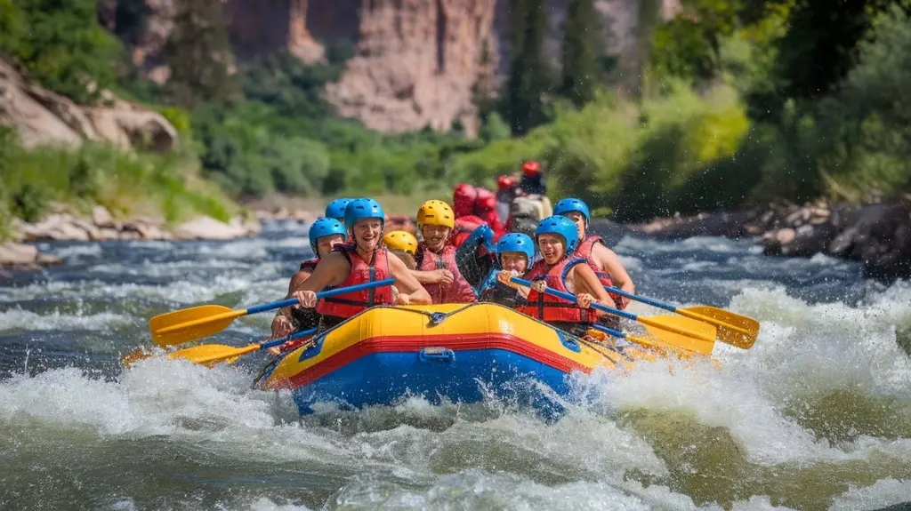 Exciting scene of white water rafting, highlighting river safety and the thrill of rafting adventures.