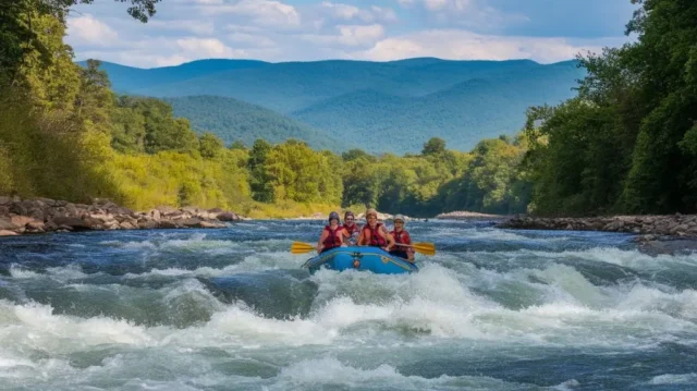 Group rafting on the Pigeon River in the Smoky Mountains, showcasing Gatlinburg’s scenic white water rafting experience.