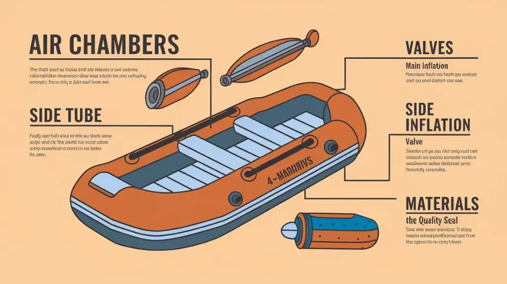 Infographic explaining the basic components of a 4 man inflatable boat with labeled sections.