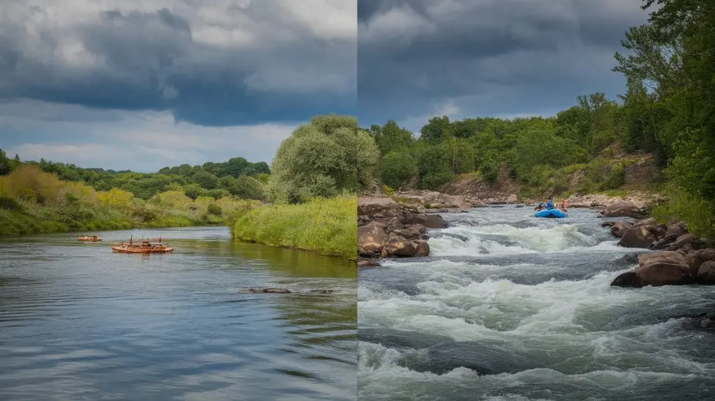 Contrast of a serene river landscape and challenging whitewater rapid, showcasing the allure and risks of rafting.