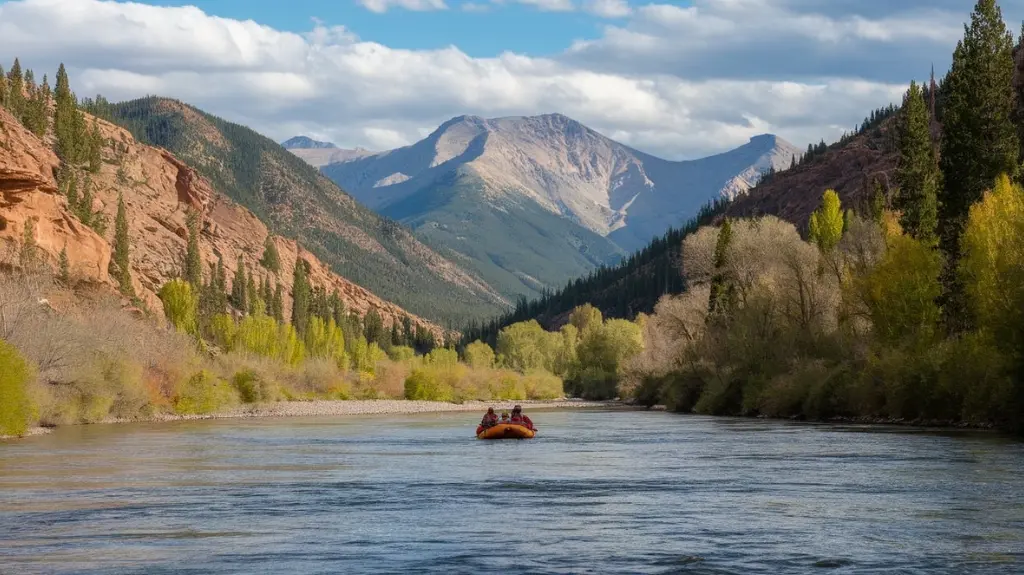 Scenic Colorado river with mountains and forests, ideal for family rafting trips.