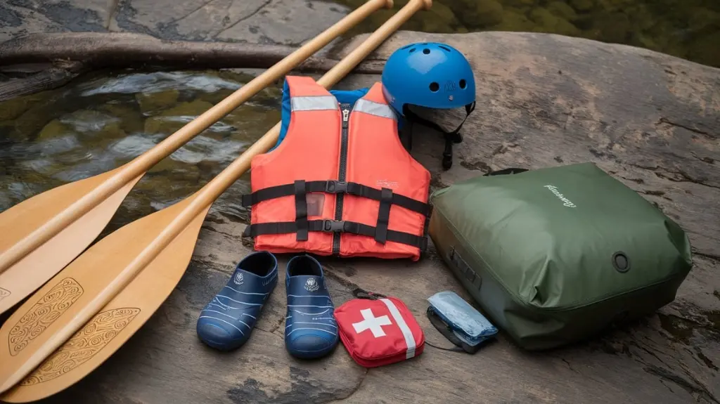 Flat lay of essential rafting safety gear, including helmets, life jackets, paddles, and a first-aid kit.