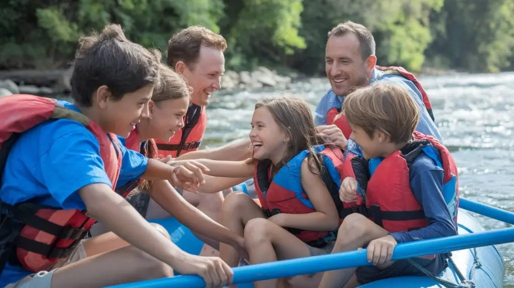 Family bonding on a river float trip, sharing laughter and memories on a gentle river.