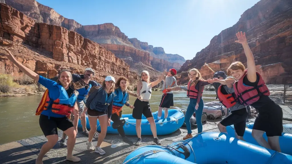 Diverse group of rafters preparing for their Grand Canyon adventure, with rafts and stunning canyon views in the background.