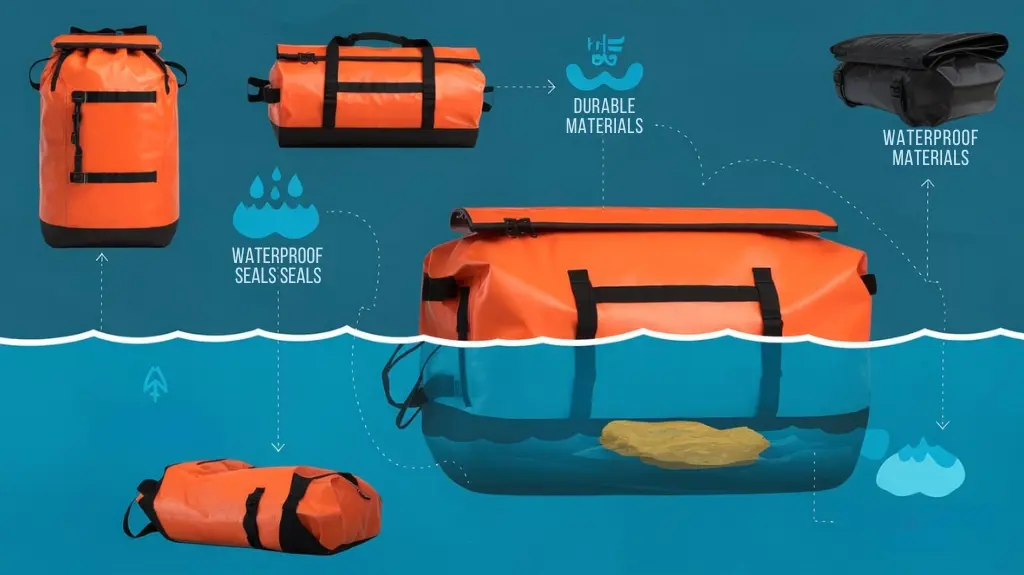 Infographic explaining the features and importance of dry bags for keeping gear dry during rafting.