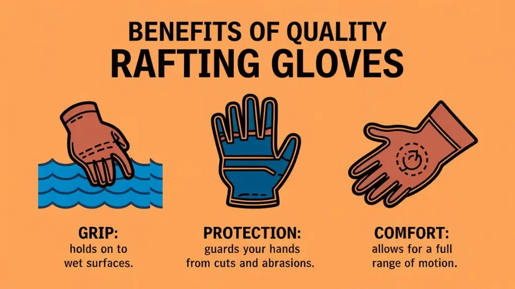 Infographic illustrating the importance of quality rafting gloves, highlighting grip, protection, and comfort benefits.