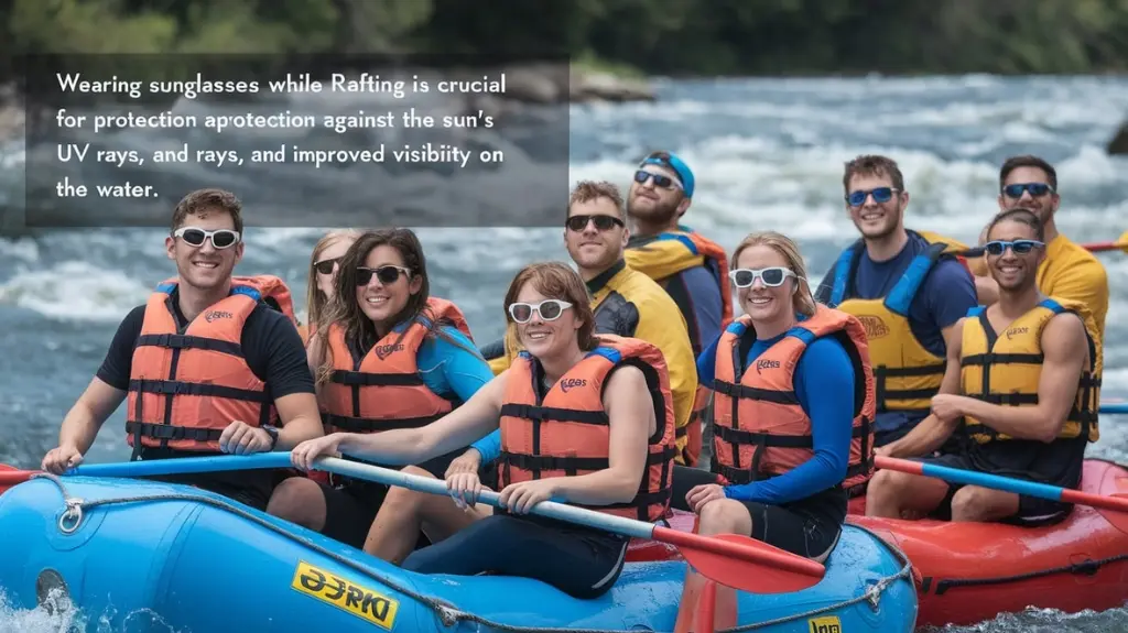 Infographic comparing the effects of wearing sunglasses versus not wearing sunglasses while rafting, emphasizing UV protection and reduced glare.